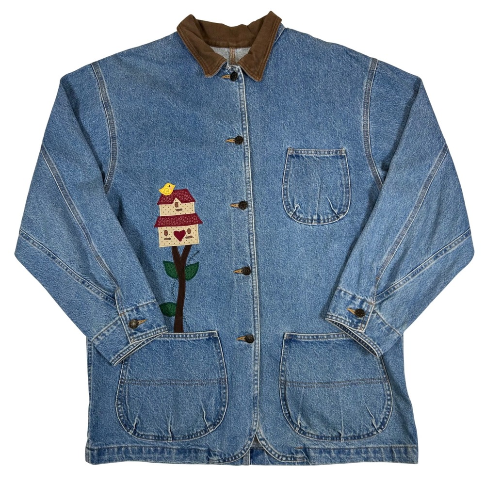 Sunbelt Denim Womens Medium Blue Birdhouse Applique Chore Coat Corduroy Collar